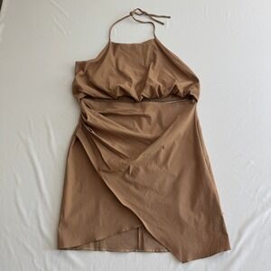 NWT ASOS Tan Cut out Mini Halter Asymmetrical Dress Bubble Top Women 14 Vacation